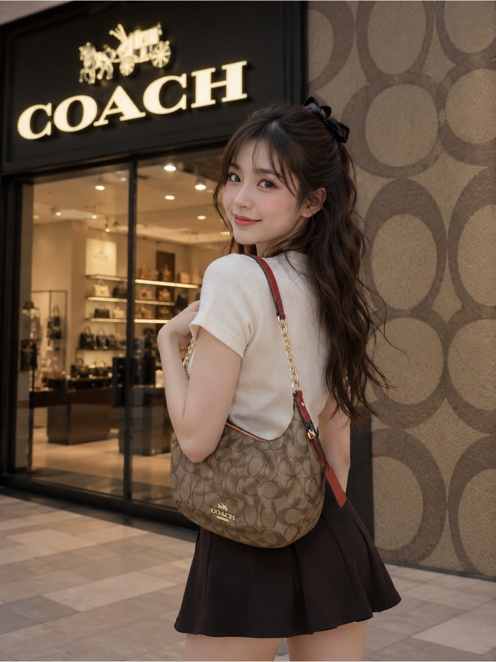 COACH PVC Signature/Leather Payton
Shoulder Bag Khaki/Electric Red